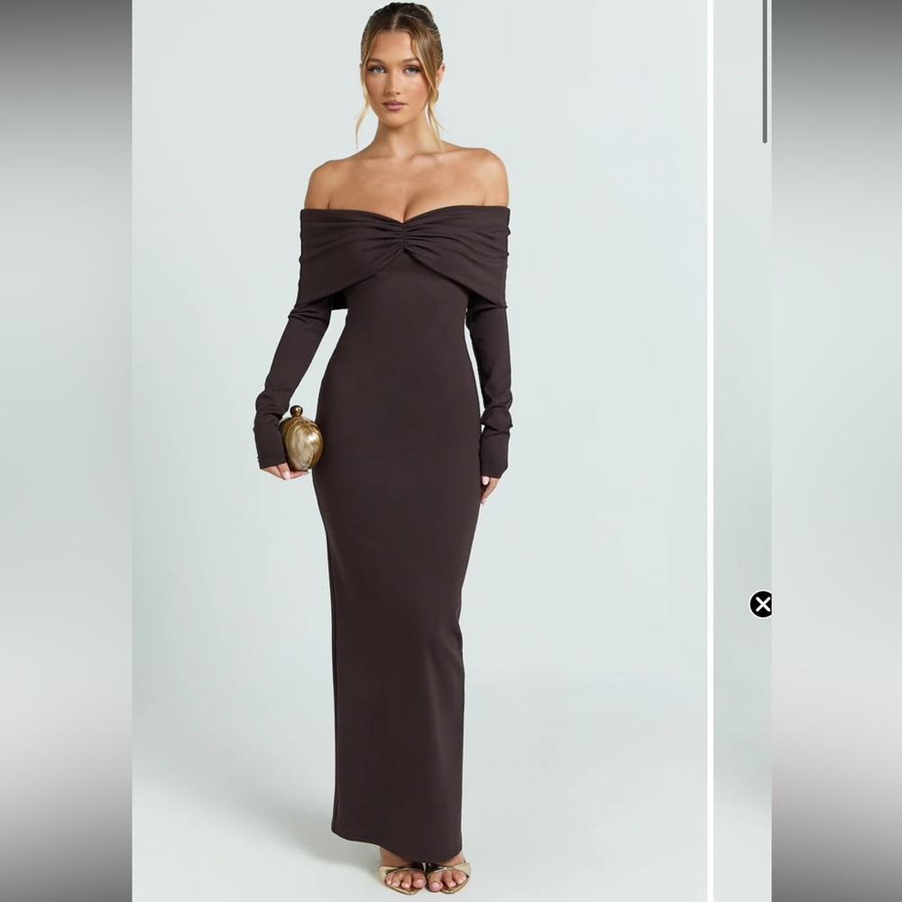 Showpo Off-Shoulder Twist Front Maxi Dress in Dark Brown